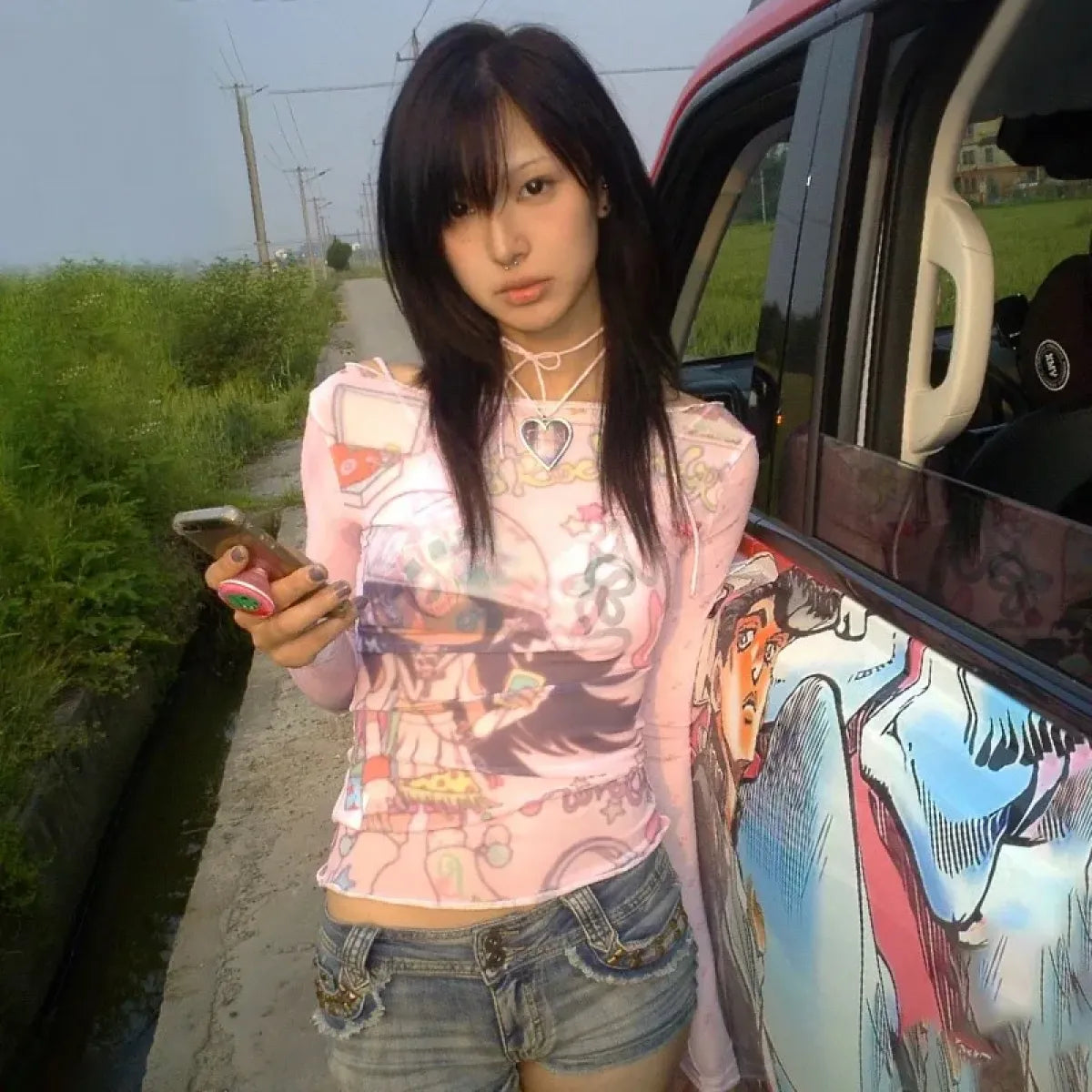 Y2K Anime Print Mesh Top – Pink Sheer Harajuku Kawaii T-Shirt