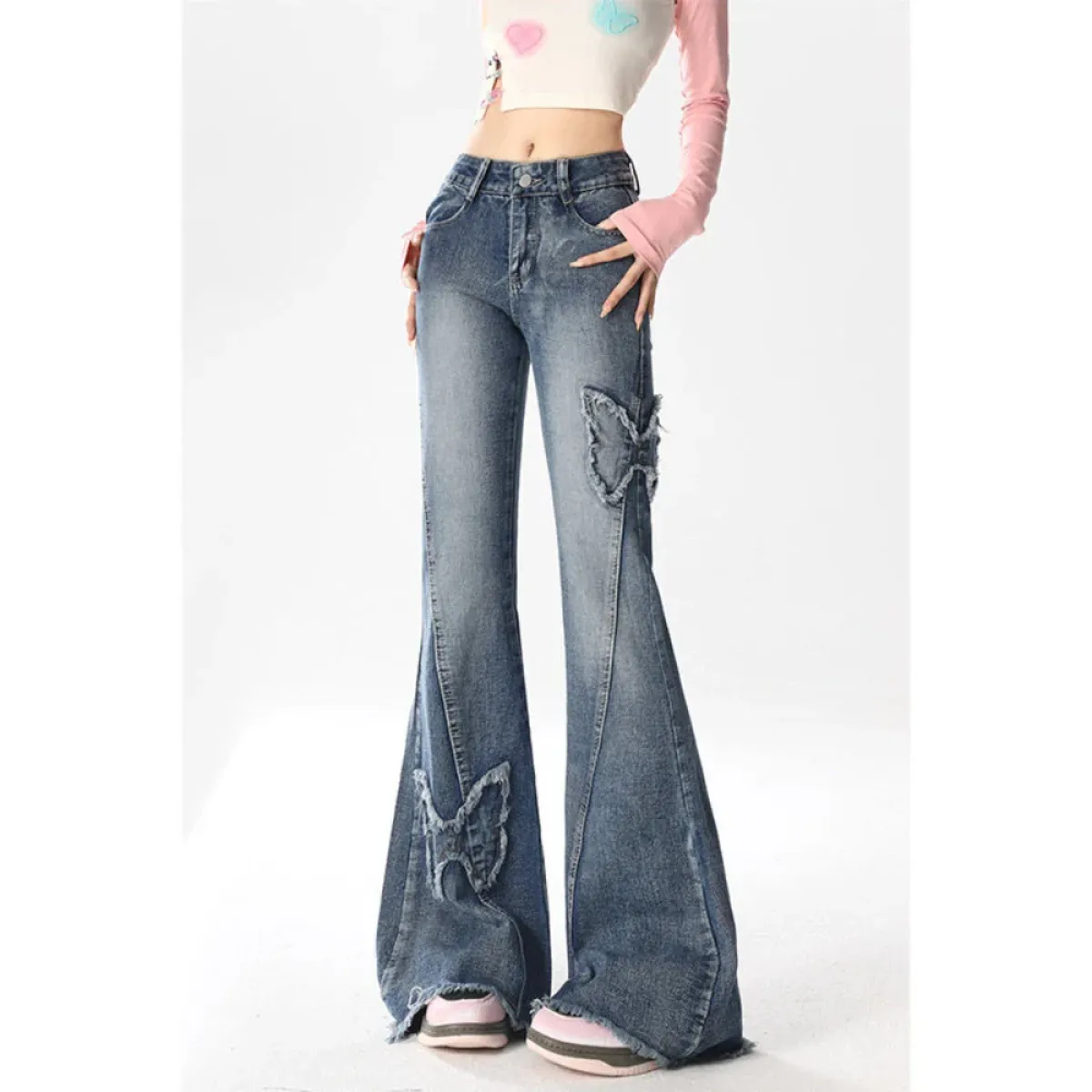 Y2K Butterfly Flare Jeans – 90s Vintage Low-Waist Denim