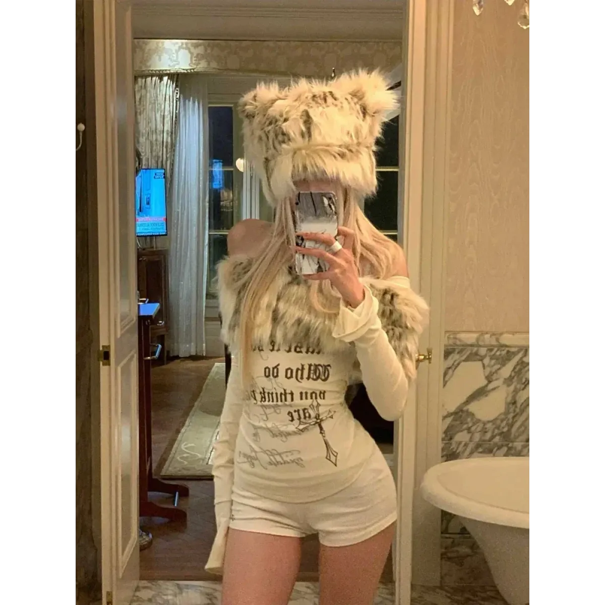 Y2K Coquette Off-Shoulder Top – Faux Fur Trim Long Sleeve