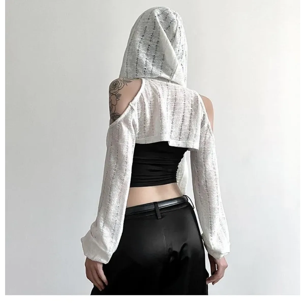 Y2K Grunge Black Hollow Out Hoodie – Slim Fit Long Sleeve Tee