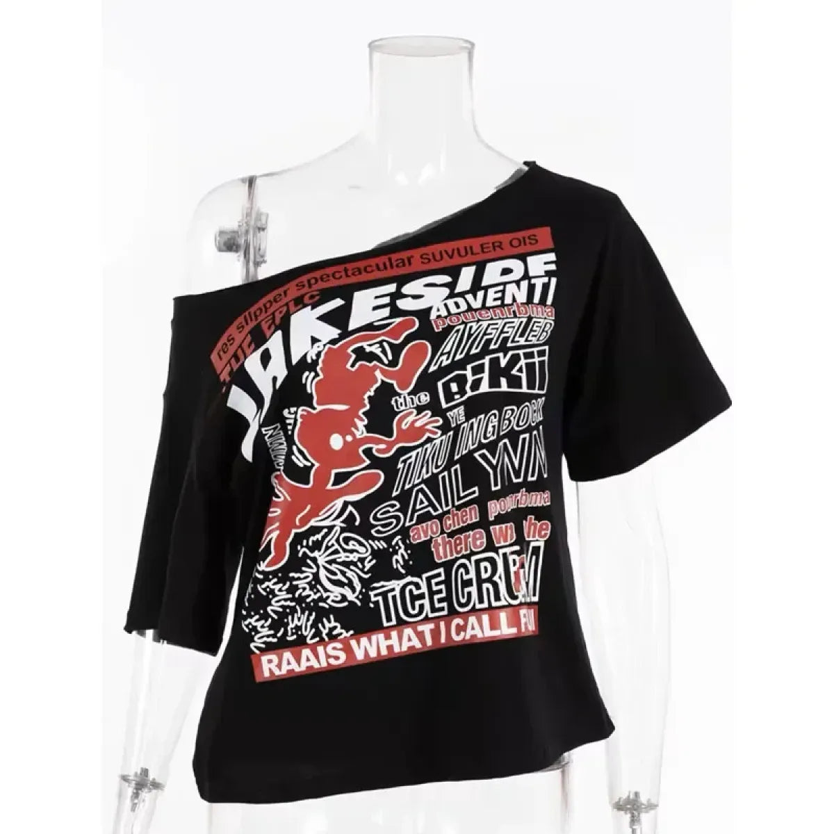 Black Off-Shoulder Graphic Tee – Y2K Grunge Punk Harajuku Crop Top