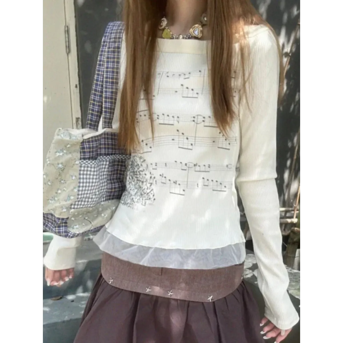 White Music Note Print Top – Off-Shoulder Y2K Grunge Tee