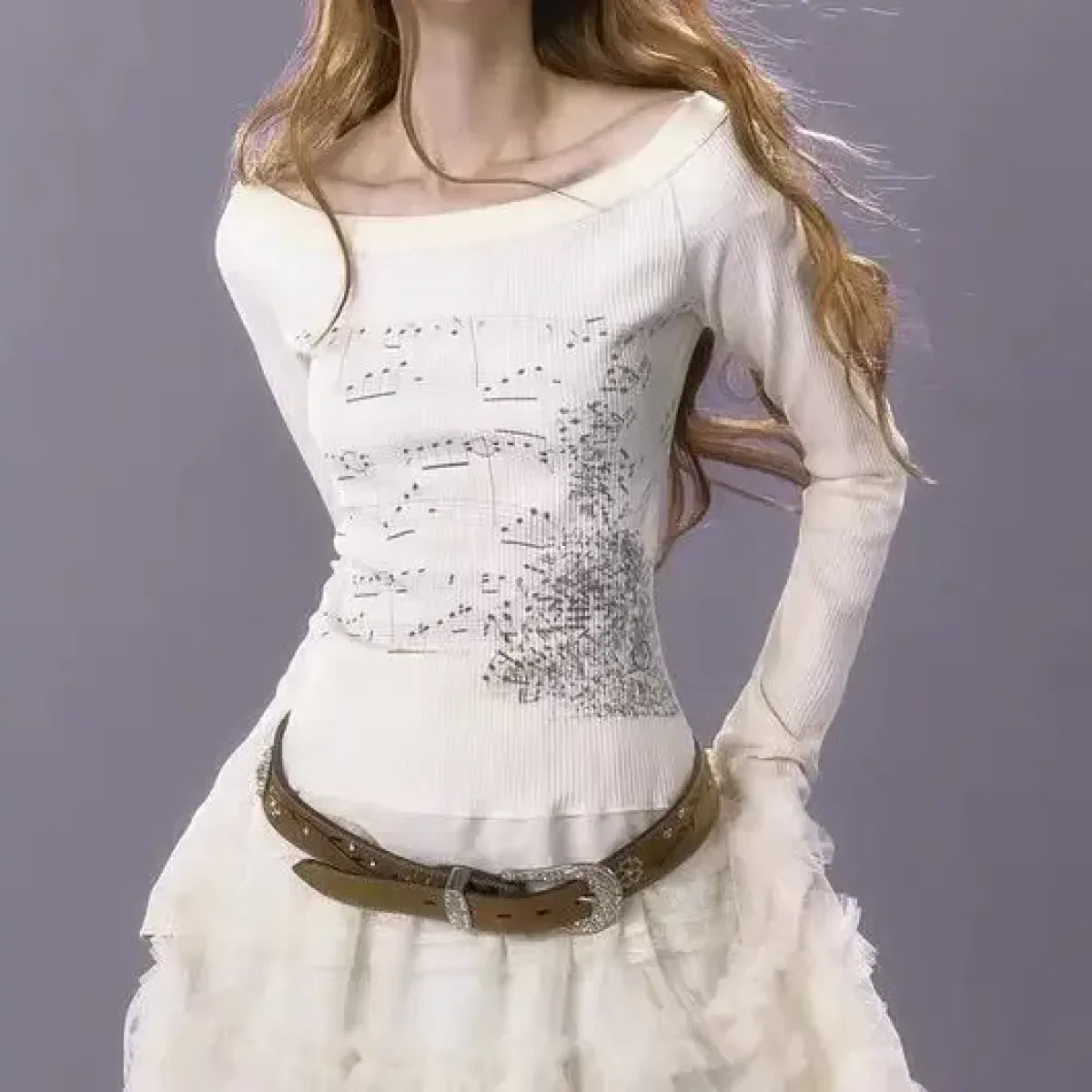 White Music Note Print Top – Off-Shoulder Y2K Grunge Tee