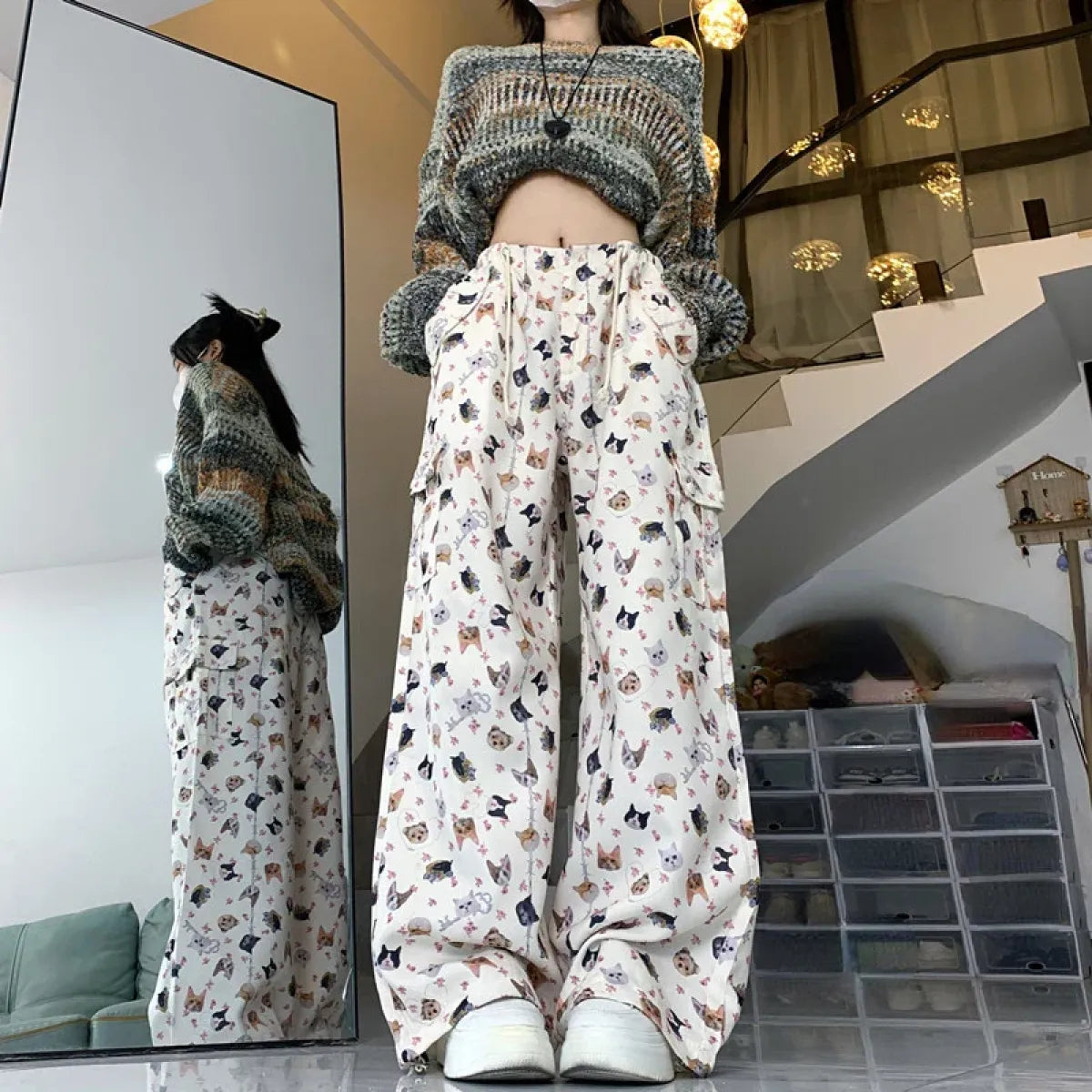 Cat Print Wide-Leg Pants – Y2K Harajuku Streetwear