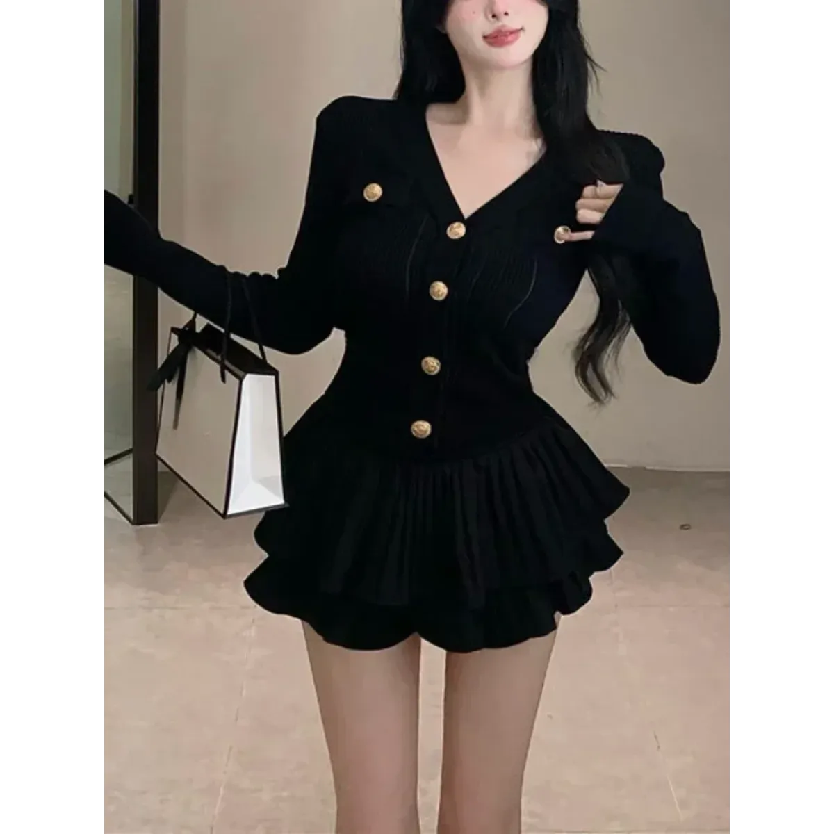 Y2K Kawaii Knitted Two-Piece Set – Elegant Mini Skirt Suit