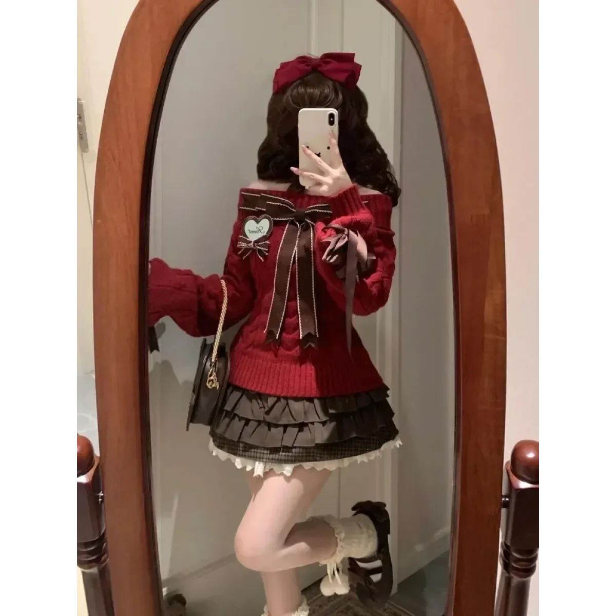 Y2K Off Shoulder Bow Sweater & Ruched Skirt Set – Autumn Knit