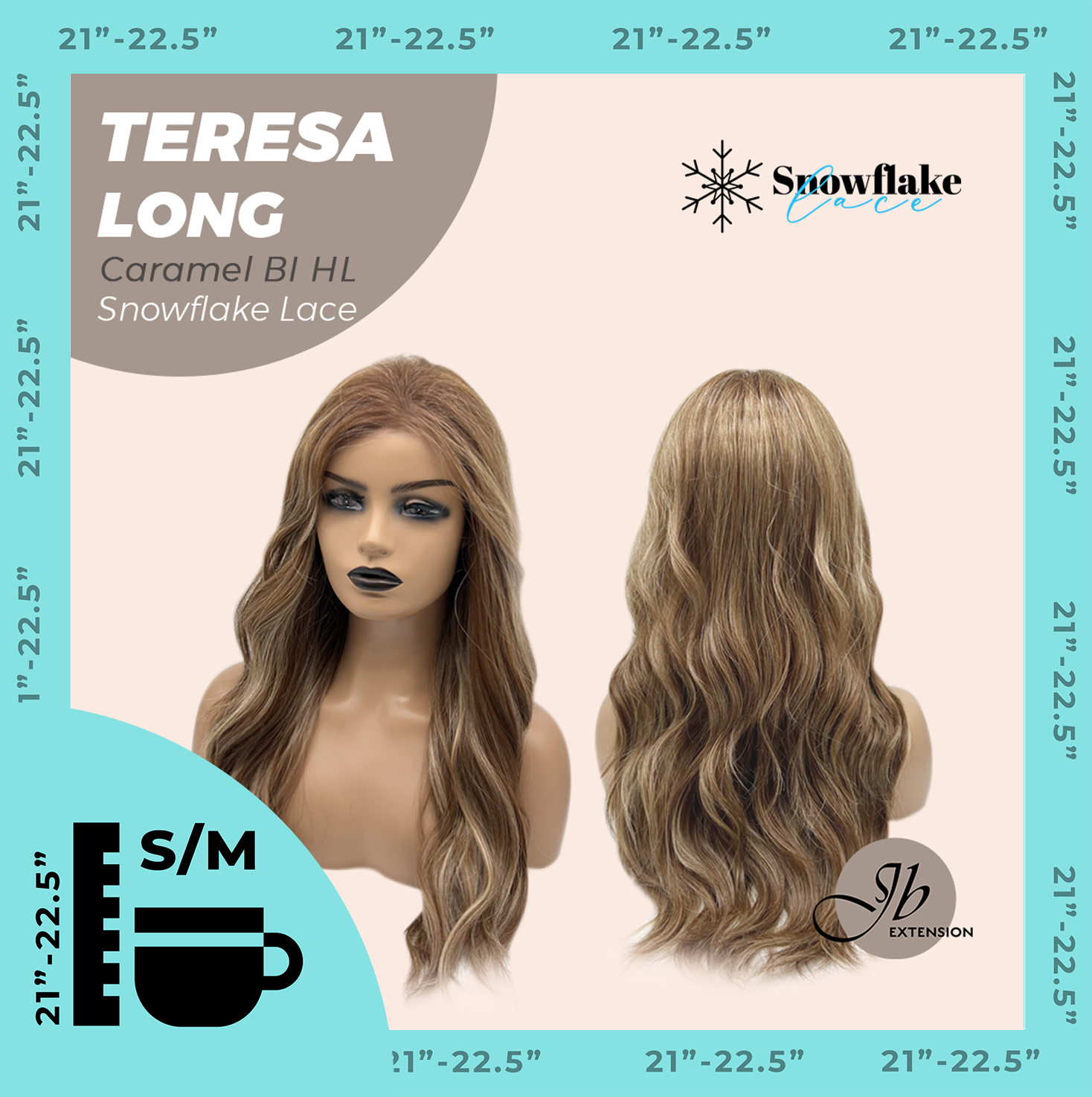JBEXTENSION 22 Inches Long Caramel Blonde Highlight Pre-Cut Snowflake Lace Frontlace Glueless Wig TERESA LONG CARAMEL BLONDE HIGHLIGHT【PERMATEASE】【BENDY EAR TABS】- S/M