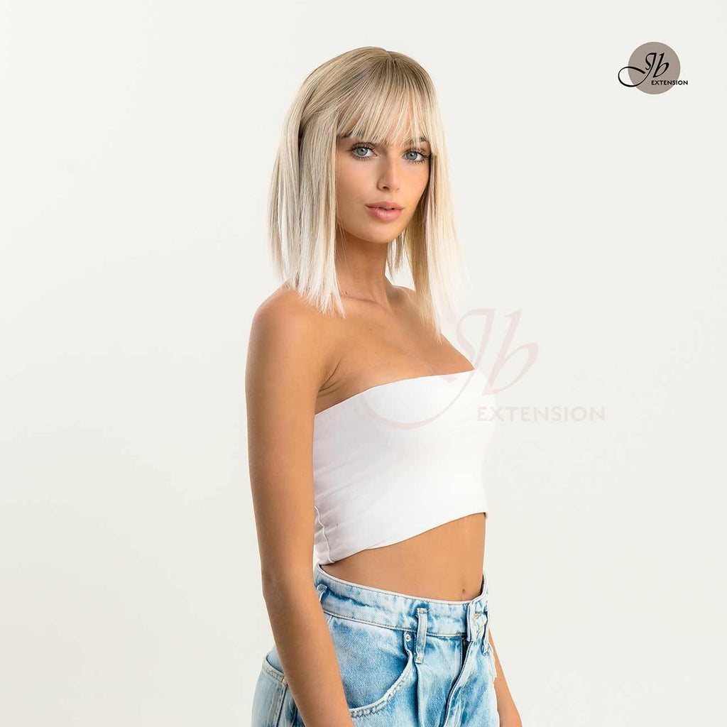 JBEXTENSION 12 Inches Straight Mix Blonde Wig With Bangs LAURA BLONDE