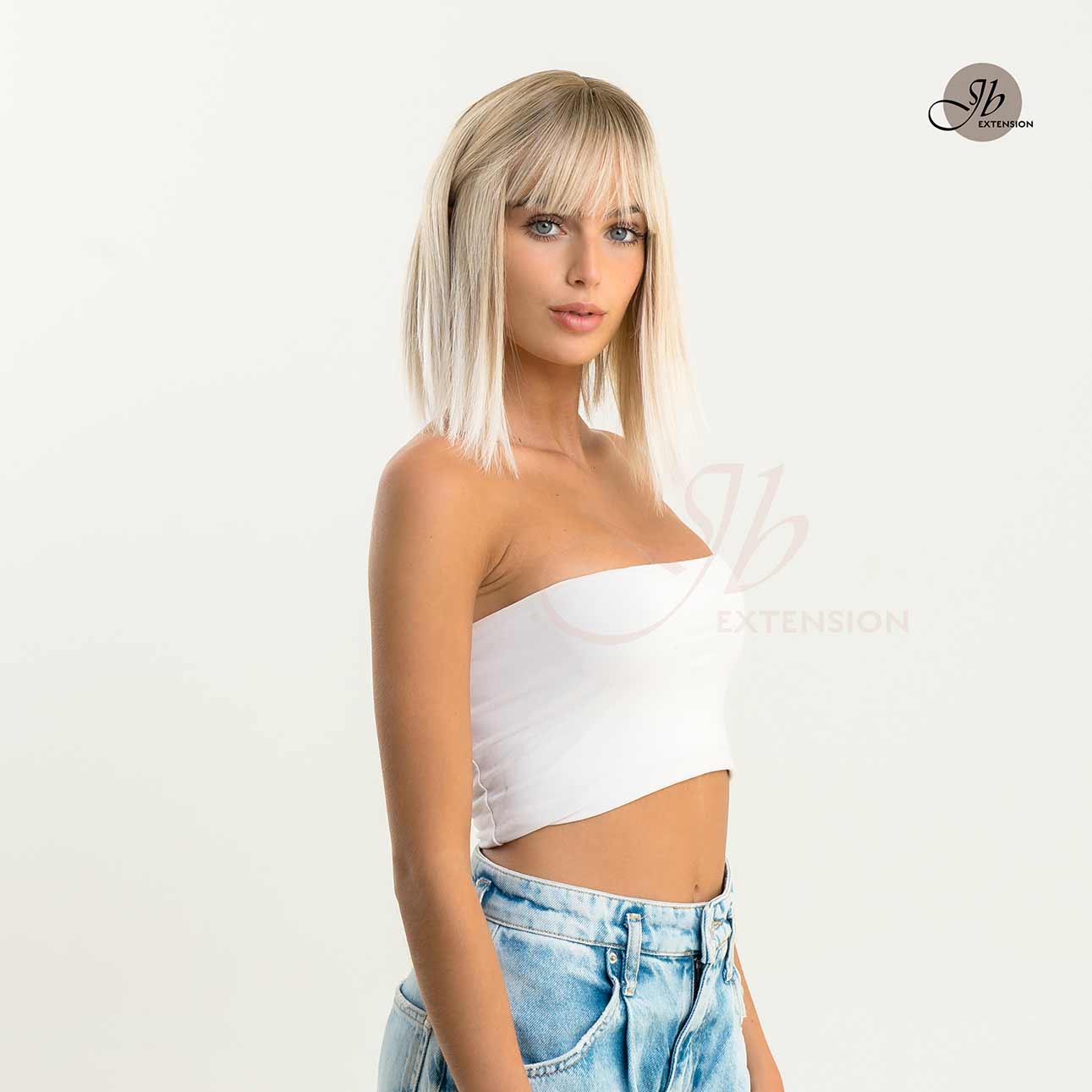 JBEXTENSION 12 Inches Straight Mix Blonde Wig With Bangs LAURA BLONDE