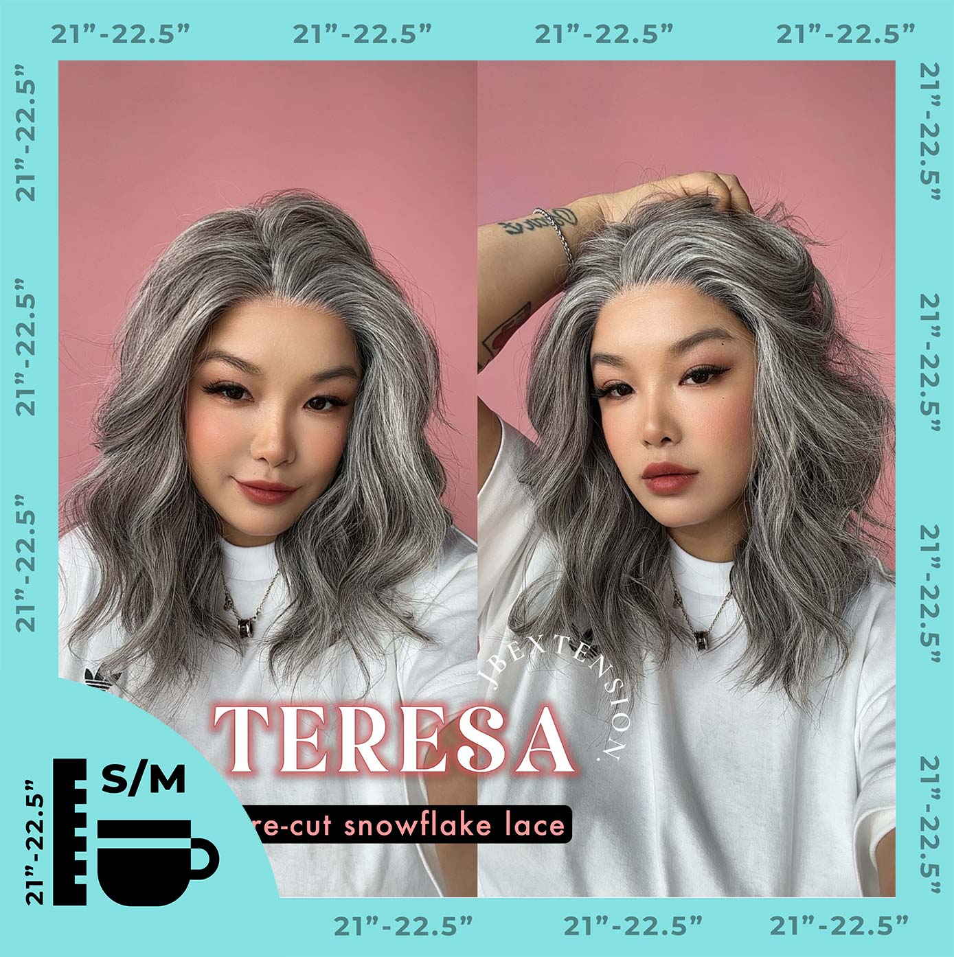 JBEXTENSION 18 Inches Grey Pre-Cut Snowflake Lace Frontlace Glueless Wig TERESA GREY【PERMATEASE】【BENDY EAR TABS】- S/M