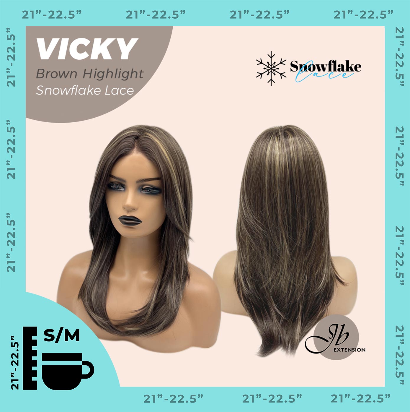 JBEXTENSION 20 Inches Dark Brown with Highlight Pre-Cut Snowflake Lace Frontlace Glueless Wig VICKY BROWN HIGHLIGHT【PERMATEASE】【BENDY EAR TABS】- S/M