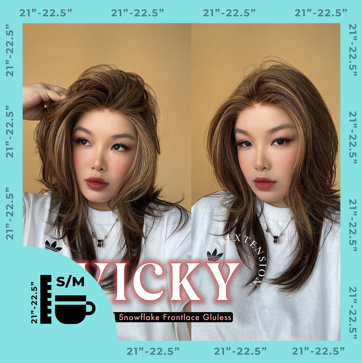 JBEXTENSION 20 Inches Caramel Pre-Cut Snowflake Lace Frontlace Glueless Wig VICKY【PERMATEASE】【BENDY EAR TABS】- S/M