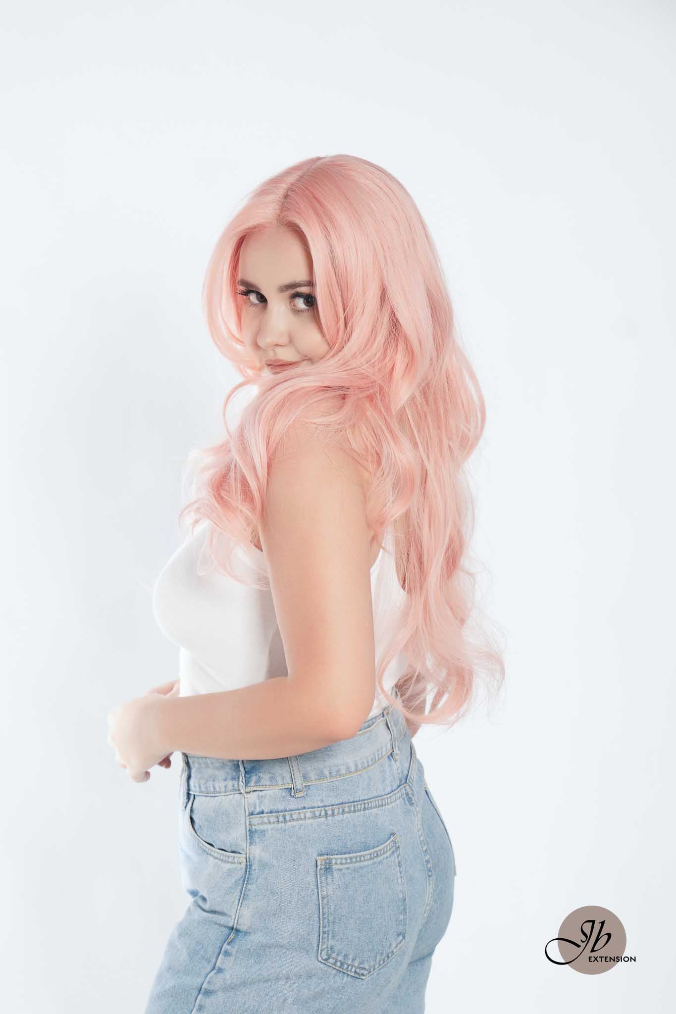 JBEXTENSION 26 Inches Curly Women Pink Wig Pre-Cut Frontlace Glueless Wig EMMIE PINK