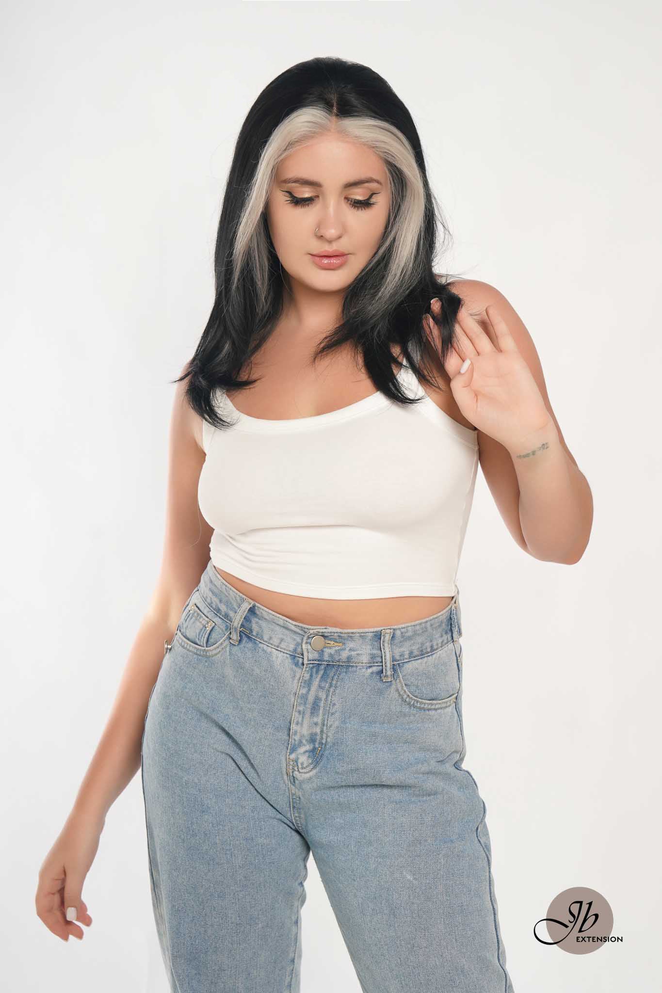 JBEXTENSION 18 Inches Black With White Highlight Pre-Cut Free Part Frontlae Glueless Wig AMARI