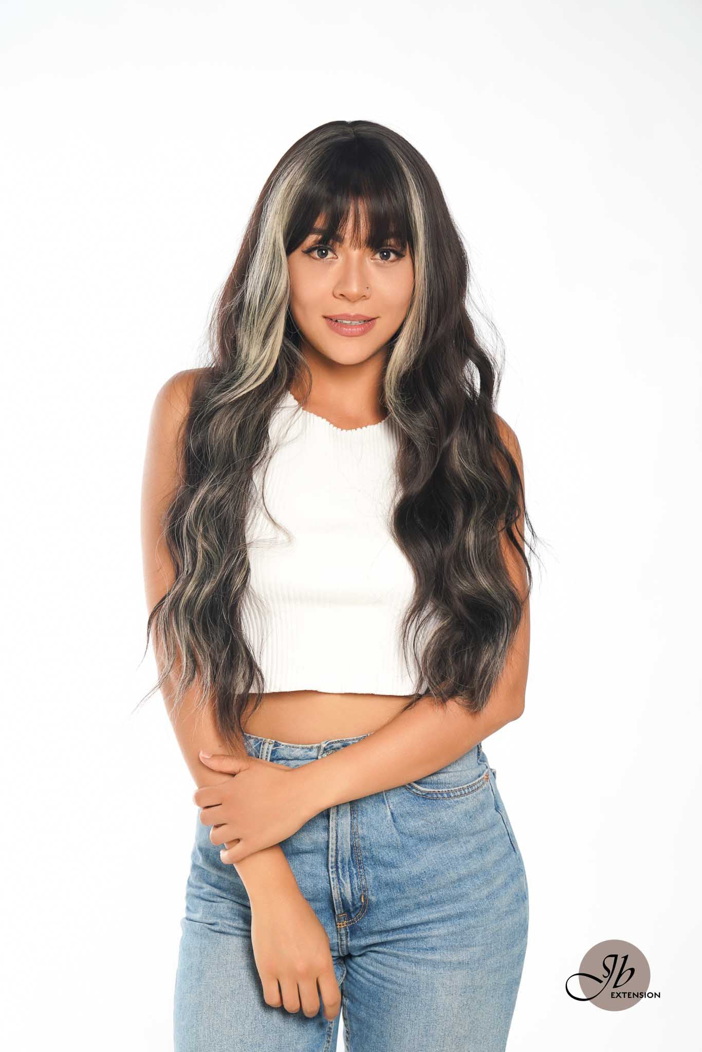 JBEXTENSION 26 Inches Body Wave Natural Black With Blonde Highlight Hair With Full Bangs Wig KHLOE