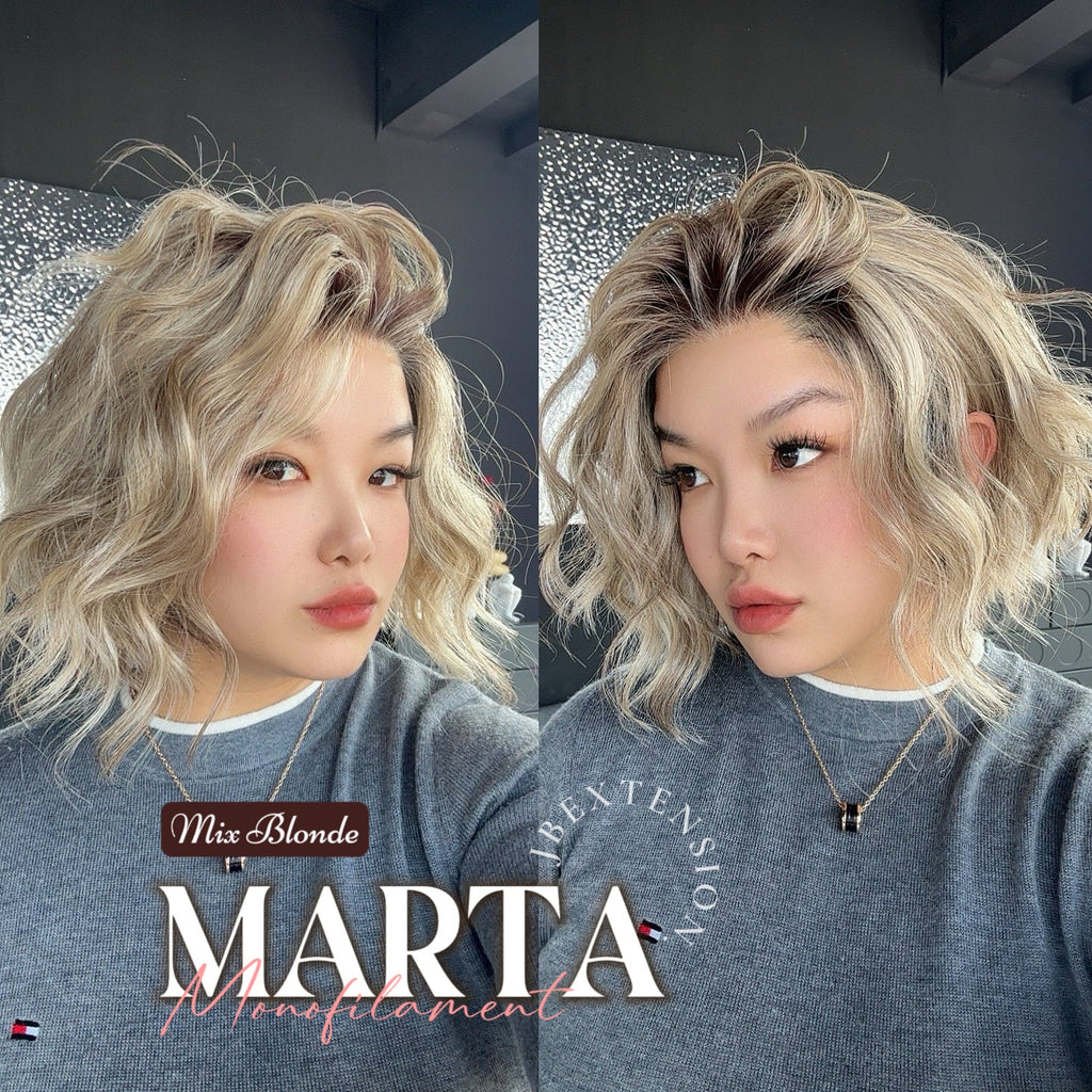 JBEXTENSION MARTA MONO MIX BLONDE Monofilament Handmade Wig 6X5 Full Monofilament Hand Tied Top Wig 10 Inches Mix Blonde Mono Lace Handmade Futura Fiber Wig With Anti-slip Silicone Strips Glueless Wig MARTA MONO MIX BLONDE【BENDY EAR TABS】