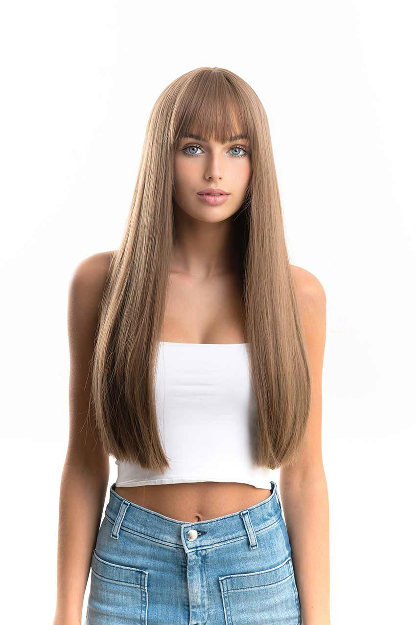 JBEXTENSION 24 Inches Nature Straight Ombre Light Brown Wig With Bangs LUCY