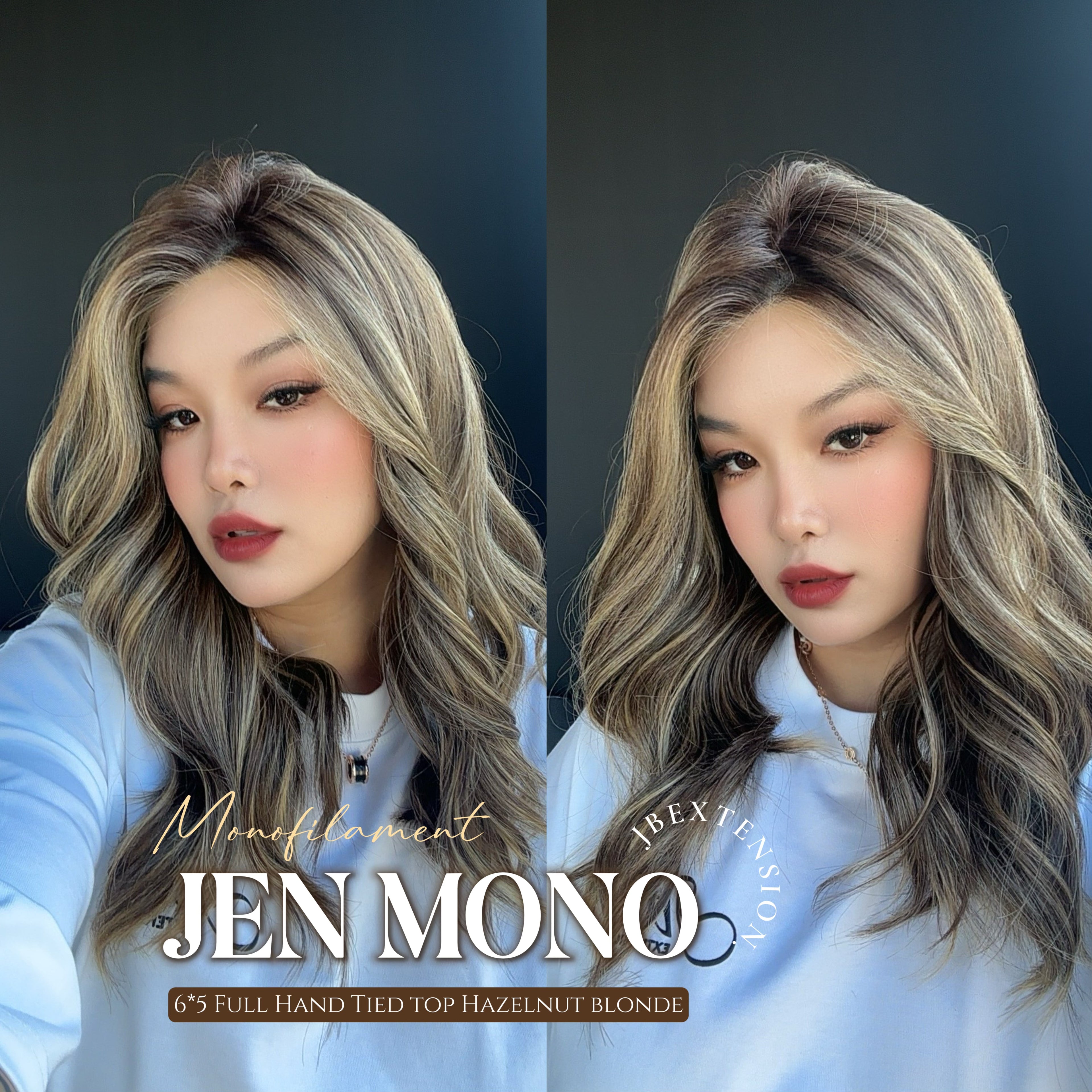 [PRE-ORDER] JBEXTENSION JEN MONO Monofilament Handmade Wig 6X5 Full Monofilament Hand Tied Top Wig 18 Inches Hazelnut Blonde Highlight Mono Lace Wig With Anti-slip Silicone Strips Glueless Wig JEN MONO【BENDY EAR TABS】