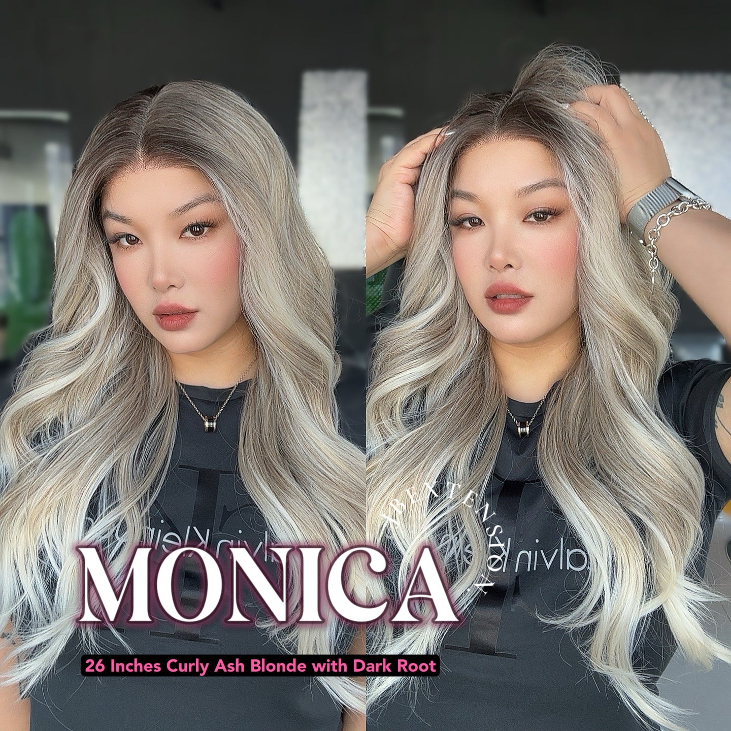 HOT OF SEASON - 26 Inches Curly Ash Blonde with Dark Root Pre-Cut Frontlace Glueless Wig MONICA