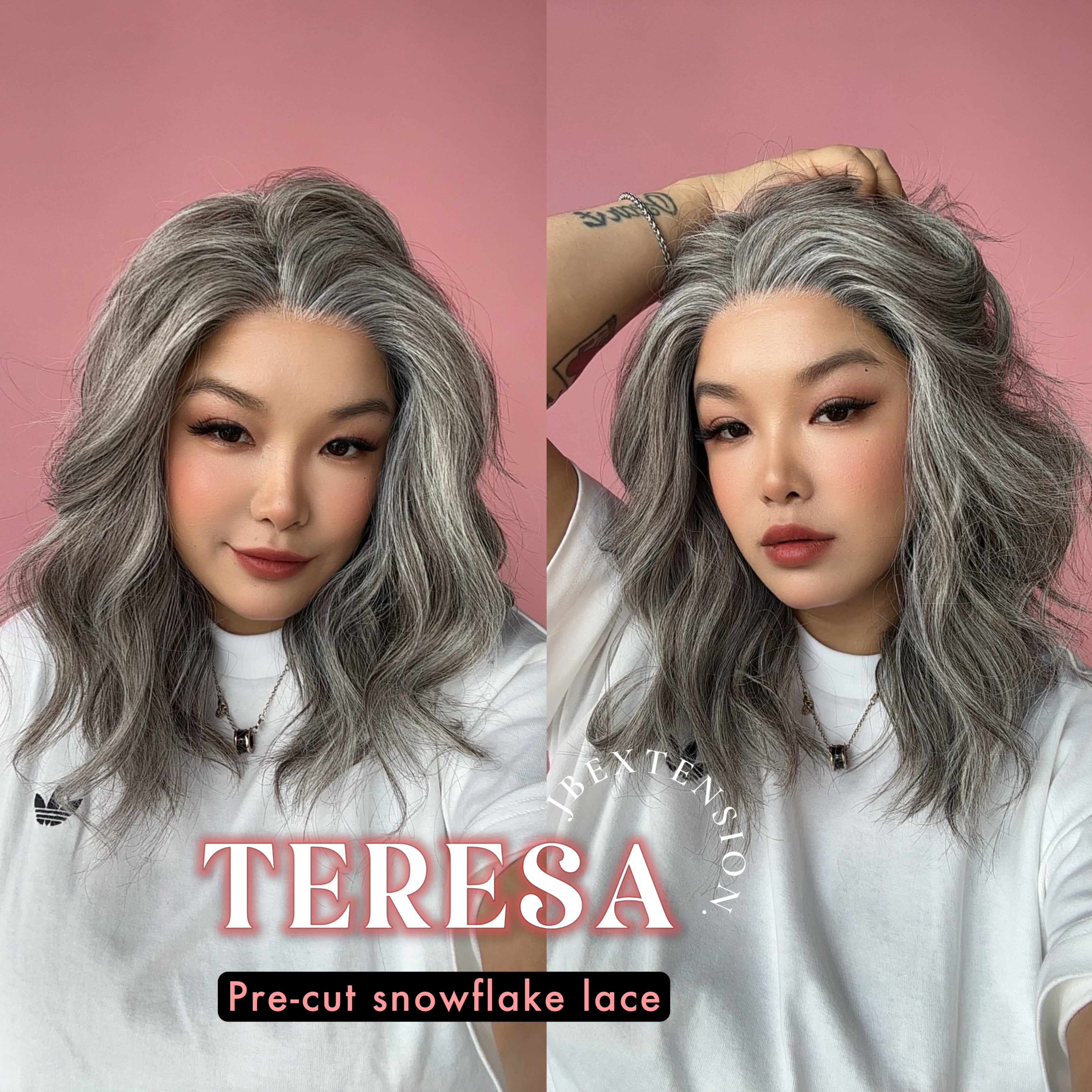 JBEXTENSION 18 Inches Grey Pre-Cut Snowflake Lace Frontlace Glueless Wig TERESA GREY【PERMATEASE】【BENDY EAR TABS】- S/M