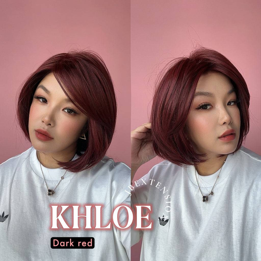 JBEXTENSION 12 Inches Bob Cut Dark Red Pre-Cut Snowflake Lace Frontlace Glueless Wig KHLOE DARK RED【PERMATEASE】【BENDY EAR TABS】- M/L