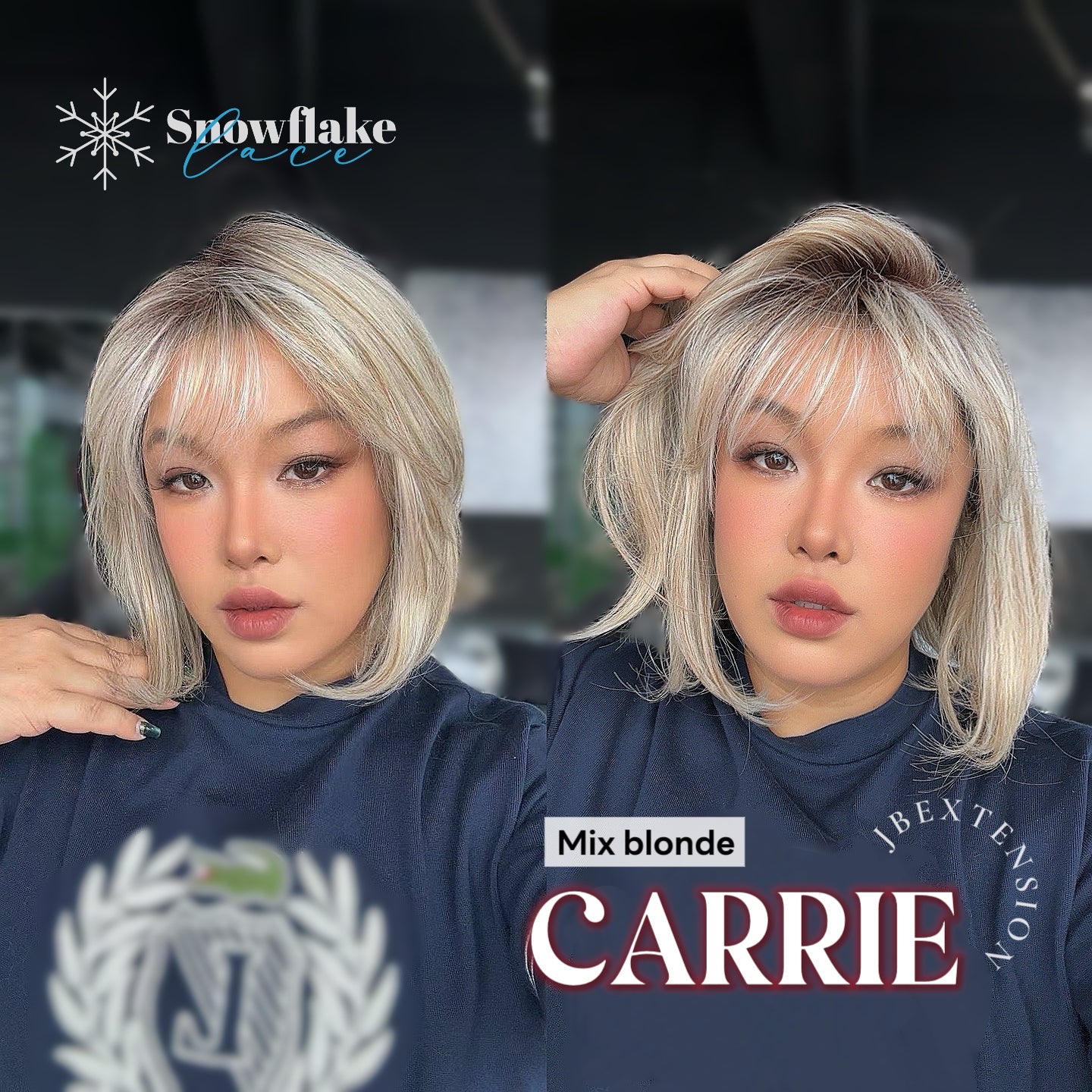 JBEXTENSION 11 Inches Short Hair Mix Blonde Pre-Cut T Part Snowflake Lace Frontlace Glueless Wig with Bangs CARRIE MIX BLONDE【BENDY EAR TABS】