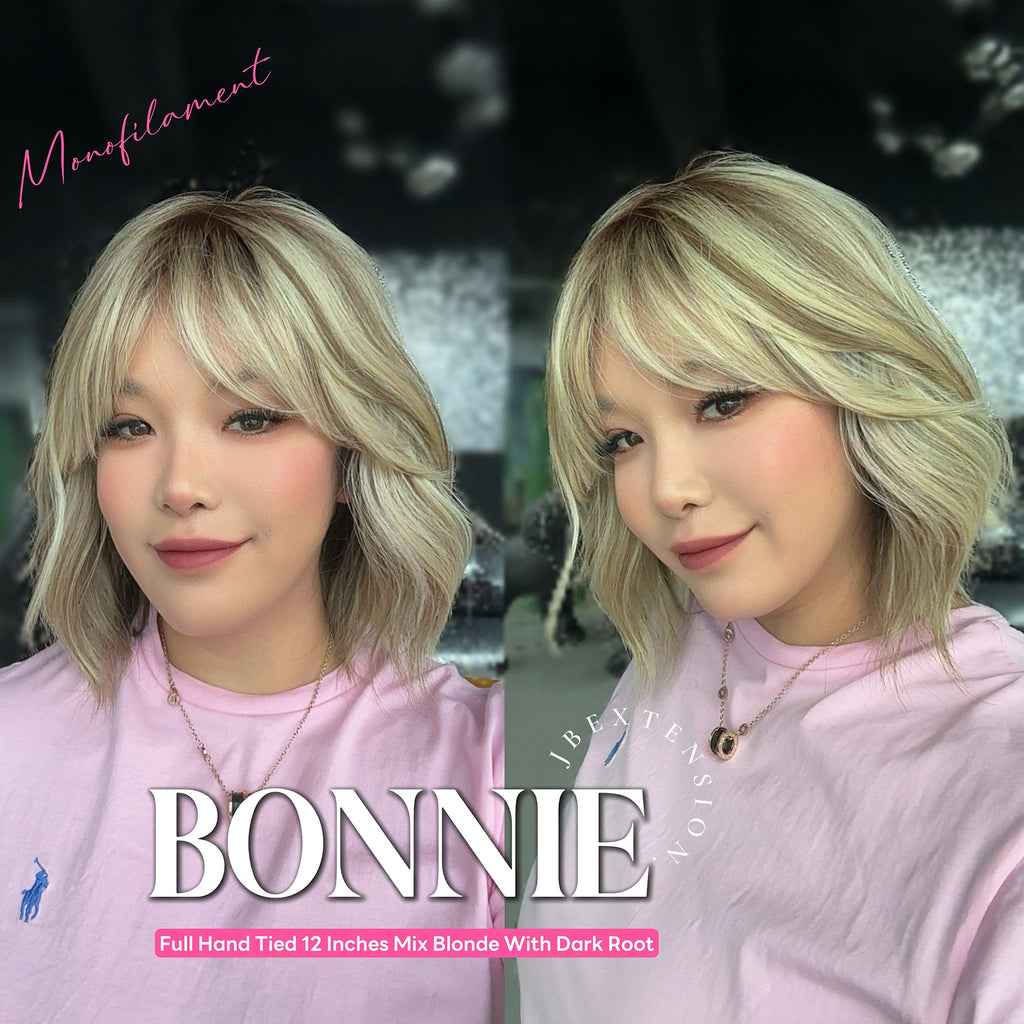 [PRE-ORDER] HOT OF SEASON - BONNIE MONO MIX BLONDE Full Monofilament Handmade Full Lace Full Hand Tied Wig 12 Inches Mix Blonde With Dark Root Mono Lace Handmade Futura Fiber Glueless Wig BONNIE MONO MIX BLONDE【BENDY EAR TABS】