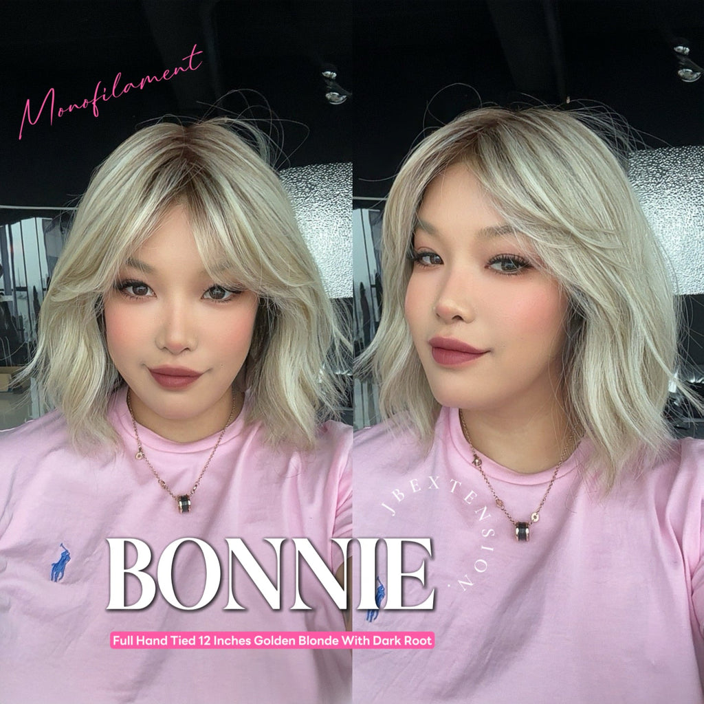 [PRE-ORDER] JBEXTENSION BONNIE MONO GOLDEN BLONDE Full Monofilament Handmade Full Lace Full Hand Tied Wig 12 Inches Golden Blonde With Dark Root Mono Lace Handmade Futura Fiber Glueless Wig BONNIE MONO GOLDEN BLONDE【BENDY EAR TABS】