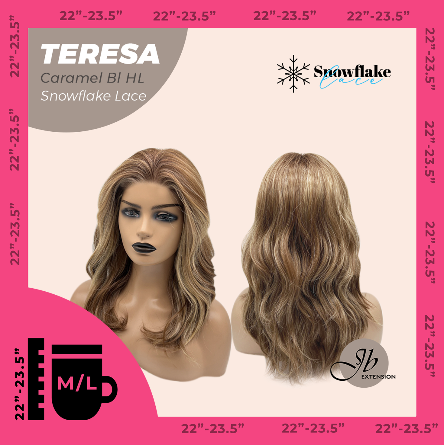JBEXTENSION 18 Inches Caramel Blonde Highlight Pre-Cut Snowflake Lace Frontlace Glueless Wig TERESA CARAMEL BLONDE HIGHLIGHT【PERMATEASE】【BENDY EAR TABS】- M/L