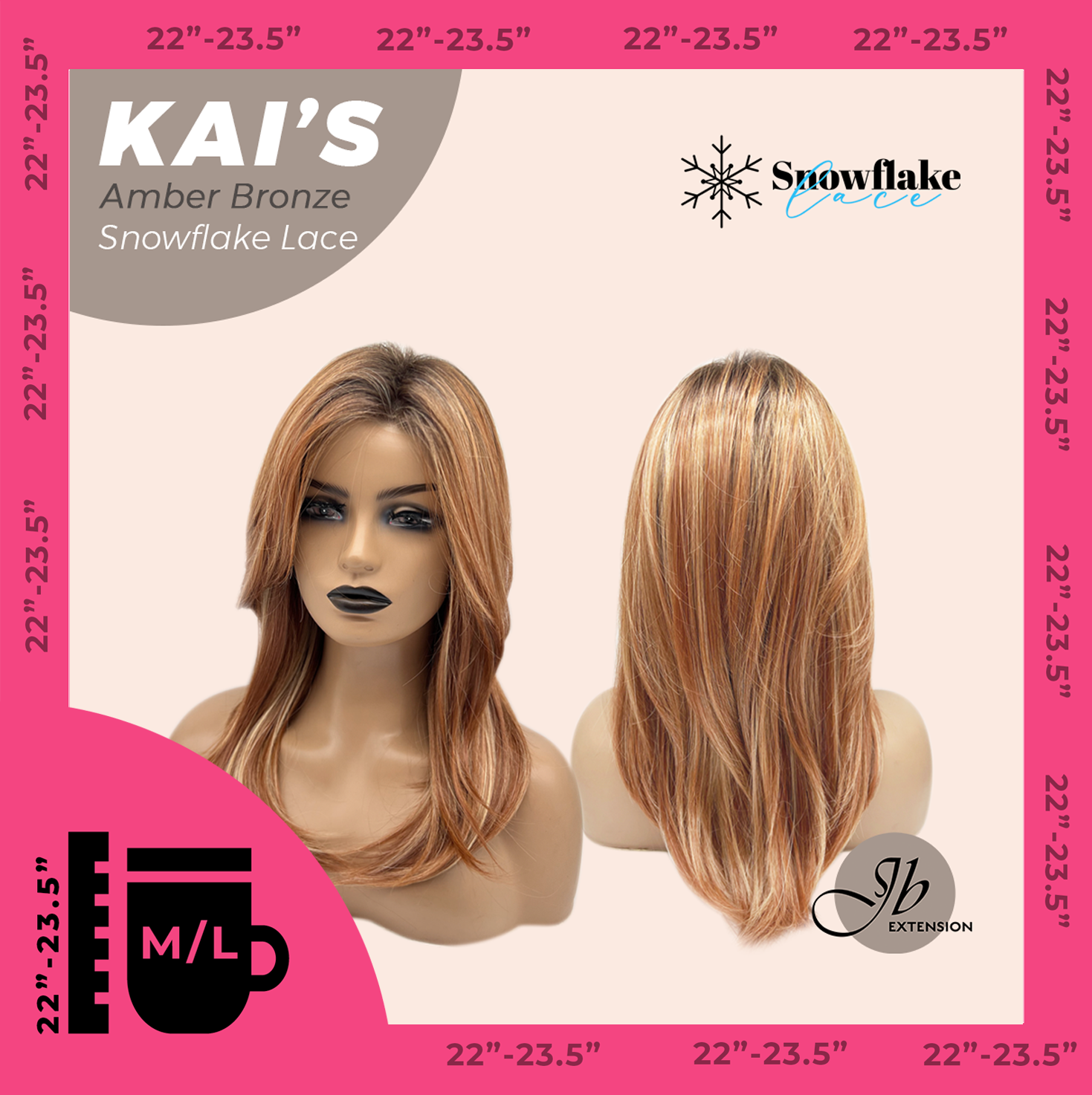 JBEXTENSION 18 Inches Amber Bronze Pre-Cut Snowflake Lace Frontlace Glueless Wig KAI'S AMBER BRONZE【PERMATEASE】【BENDY EAR TABS】- M/L