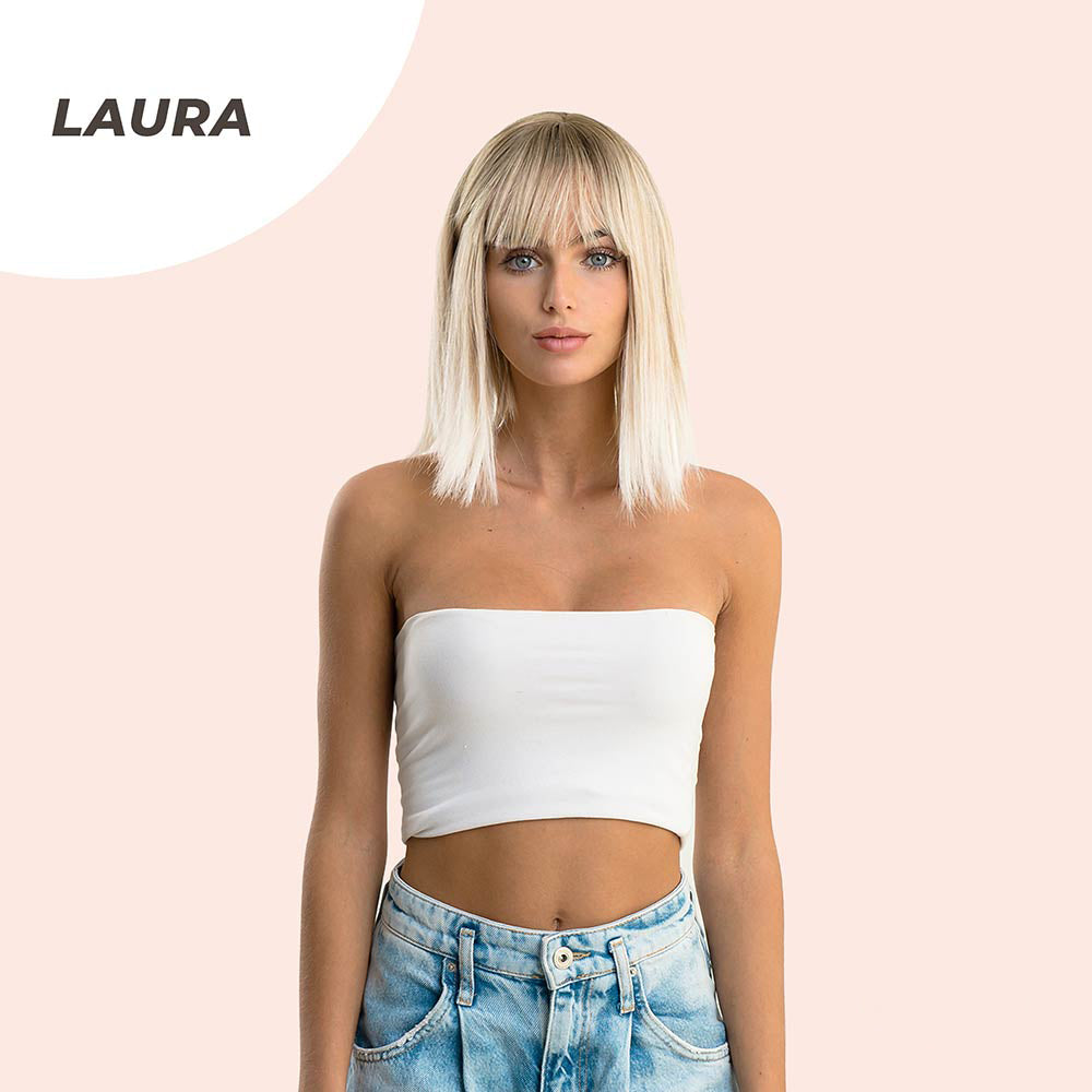 JBEXTENSION 12 Inches Straight Mix Blonde Wig With Bangs LAURA BLONDE