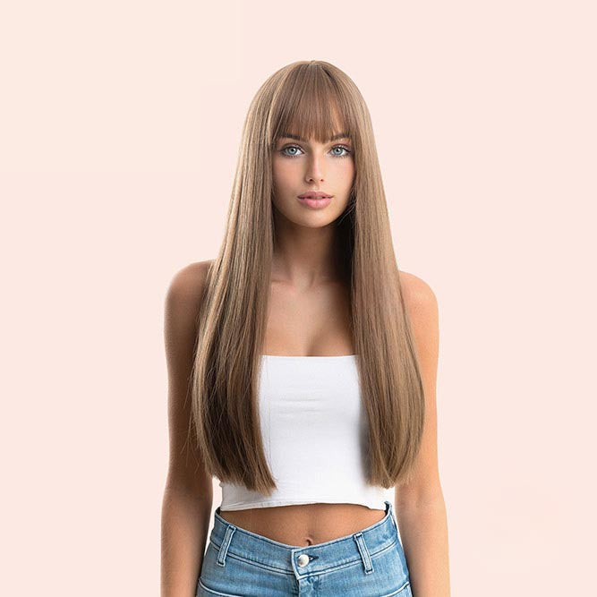 JBEXTENSION 24 Inches Nature Straight Ombre Light Brown Wig With Bangs LUCY