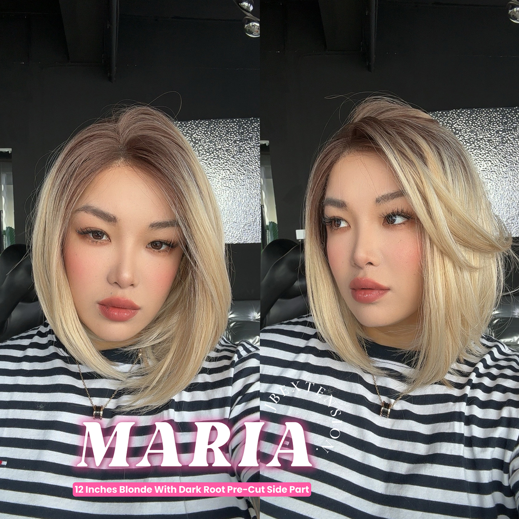 JBEXTENSION 12 Inches Blonde With Dark Root Pre-Cut Side Part Frontlace Glueless Wig MARIA