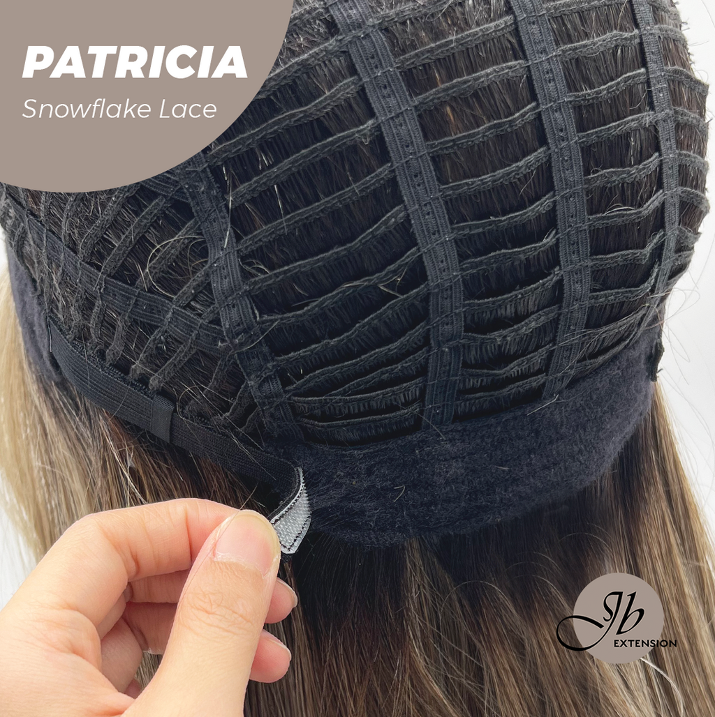 [PRE-ORDER] JBEXTENSION 17 Inches Dark Mix Blonde Pre-Cut T Part Snowflake Lace Frontlace Glueless Wig with Bangs PATRICIA【BENDY EAR TABS】