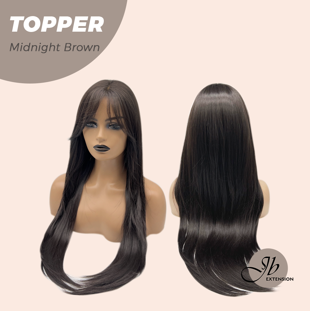 JBEXTENSION 28 Inches T Part Pre-Cut Frontlace Topper Clip in Synthetic Fiber Long Straight Topper Hair Piece Hair with Bangs for Women Clip in Top Crown Hair Clip on Toupee Hairpiece for Slight Hair Loss/Thinning Hair