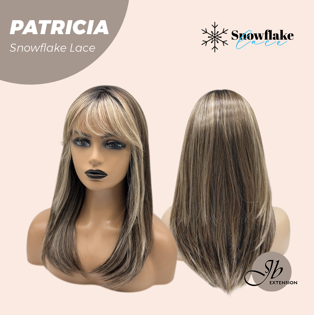 [PRE-ORDER] JBEXTENSION 17 Inches Dark Mix Blonde Pre-Cut T Part Snowflake Lace Frontlace Glueless Wig with Bangs PATRICIA【BENDY EAR TABS】