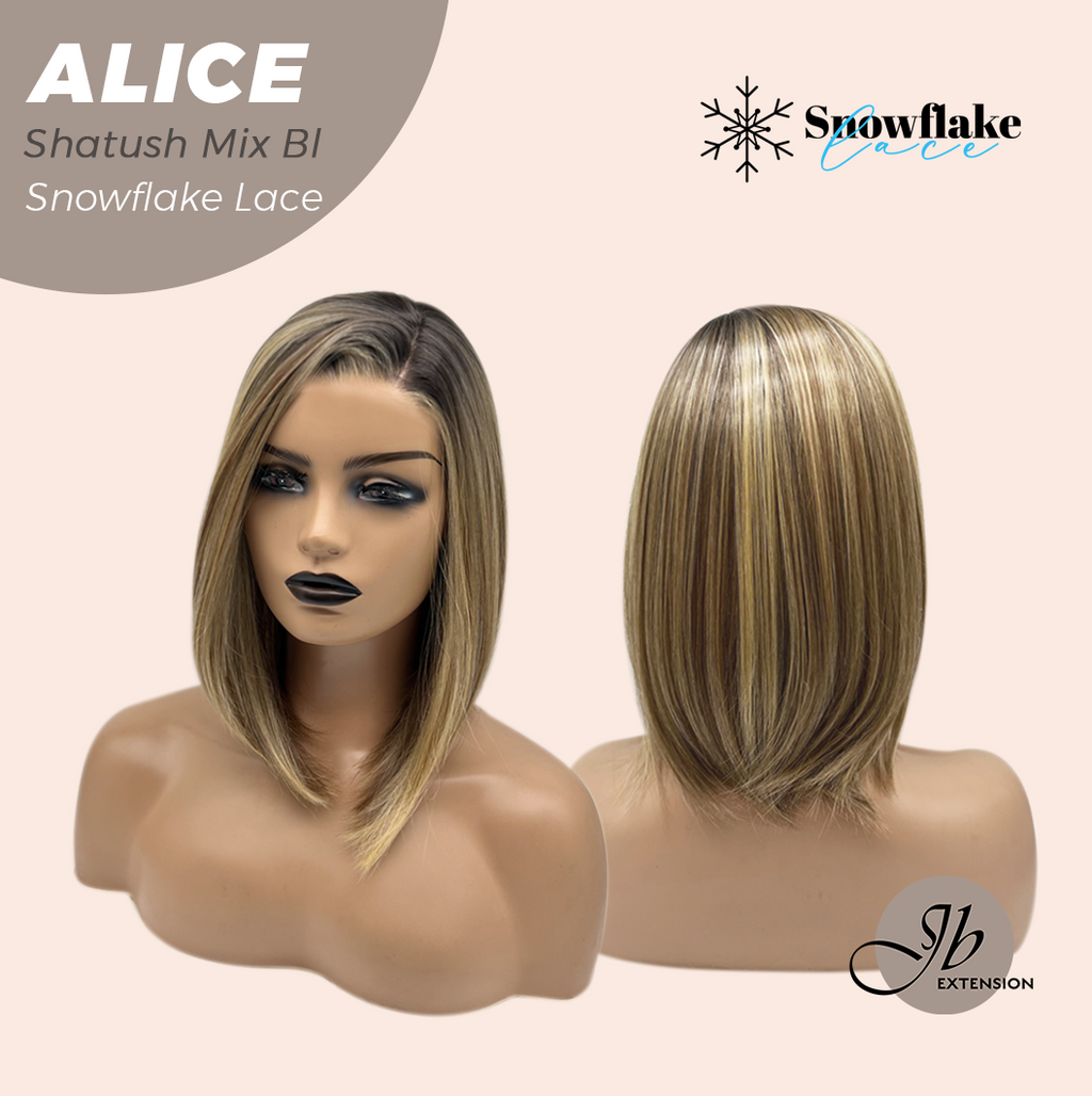JBEXTENSION 12 Inches Shatush Mix Blonde Pre-Cut Side Part Snowflake Lace Frontlace Glueless Wig ALICE SHATUSH MIX BLONDE【BENDY EAR TABS】- M/L