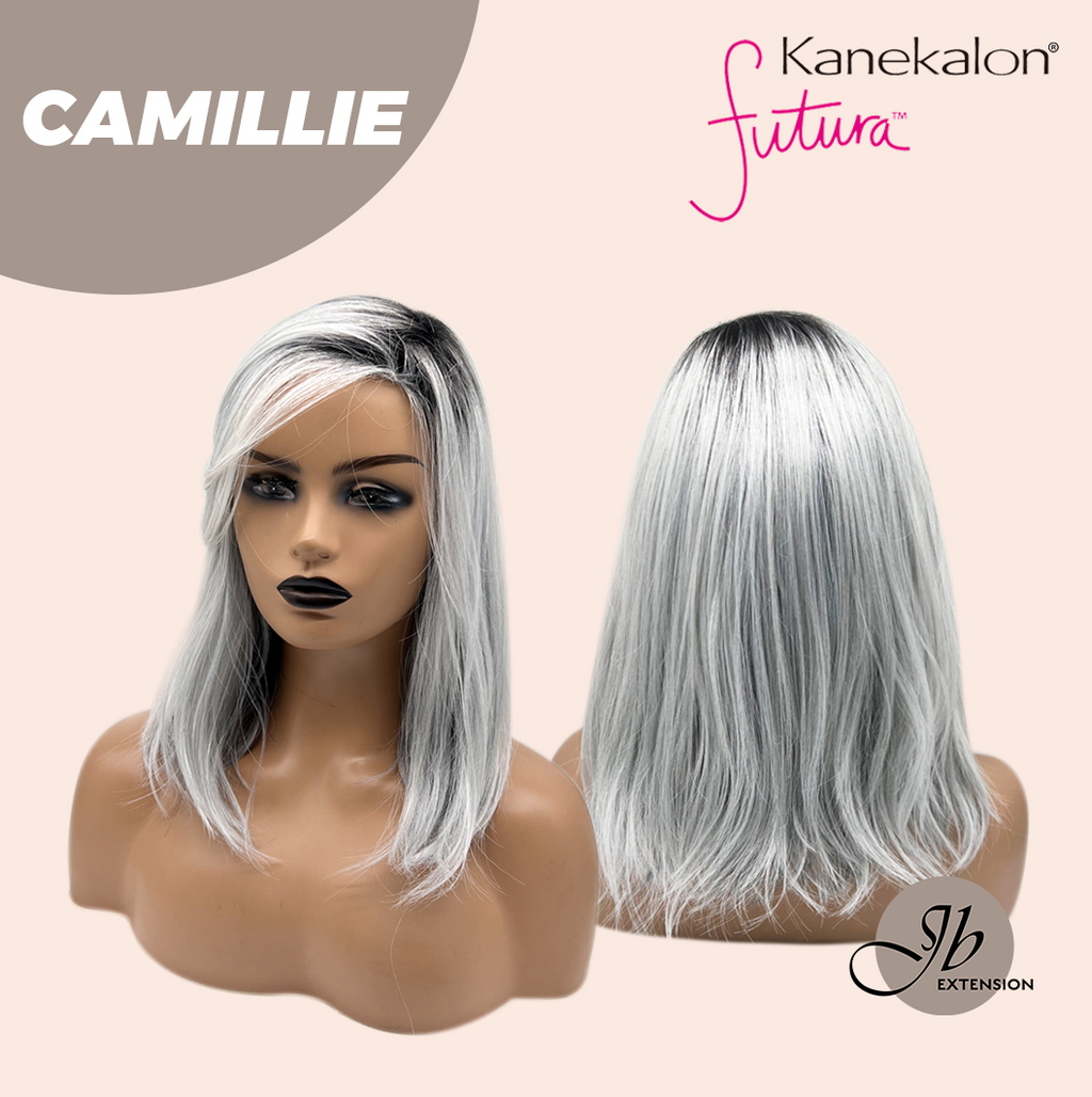 JBEXTENSION 14 Inches Grey Silver with Dark Root Women Fashion Full Machine Wig CAMILLIE【PLUS PERMATEASE】【BENDY EAR TABS】