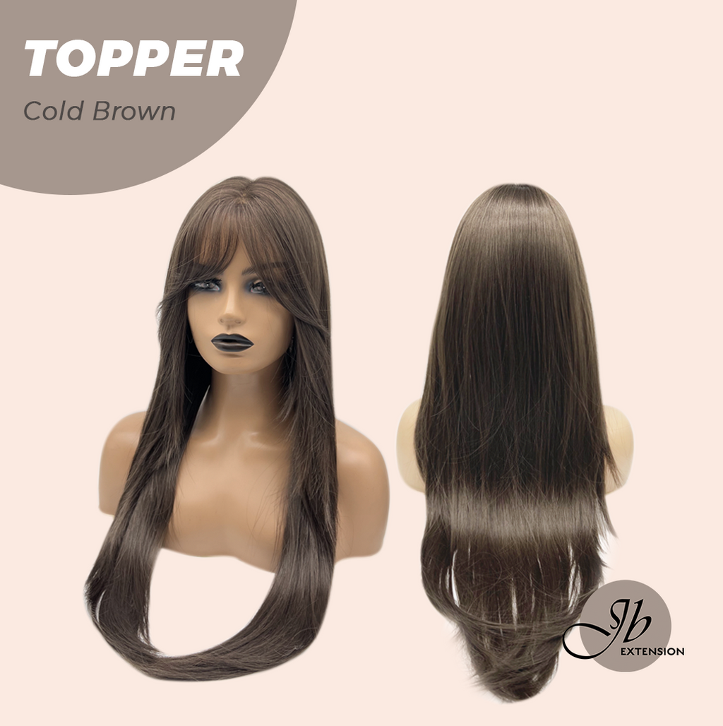 JBEXTENSION 28 Inches T Part Pre-Cut Frontlace Topper Clip in Synthetic Fiber Long Straight Topper Hair Piece Hair with Bangs for Women Clip in Top Crown Hair Clip on Toupee Hairpiece for Slight Hair Loss/Thinning Hair