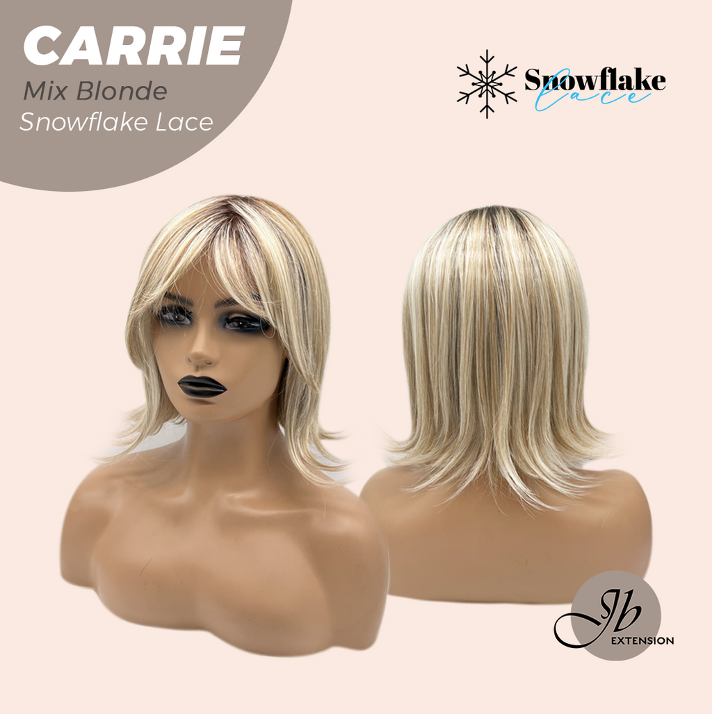 JBEXTENSION 11 Inches Short Hair Mix Blonde Pre-Cut T Part Snowflake Lace Frontlace Glueless Wig with Bangs CARRIE MIX BLONDE【BENDY EAR TABS】