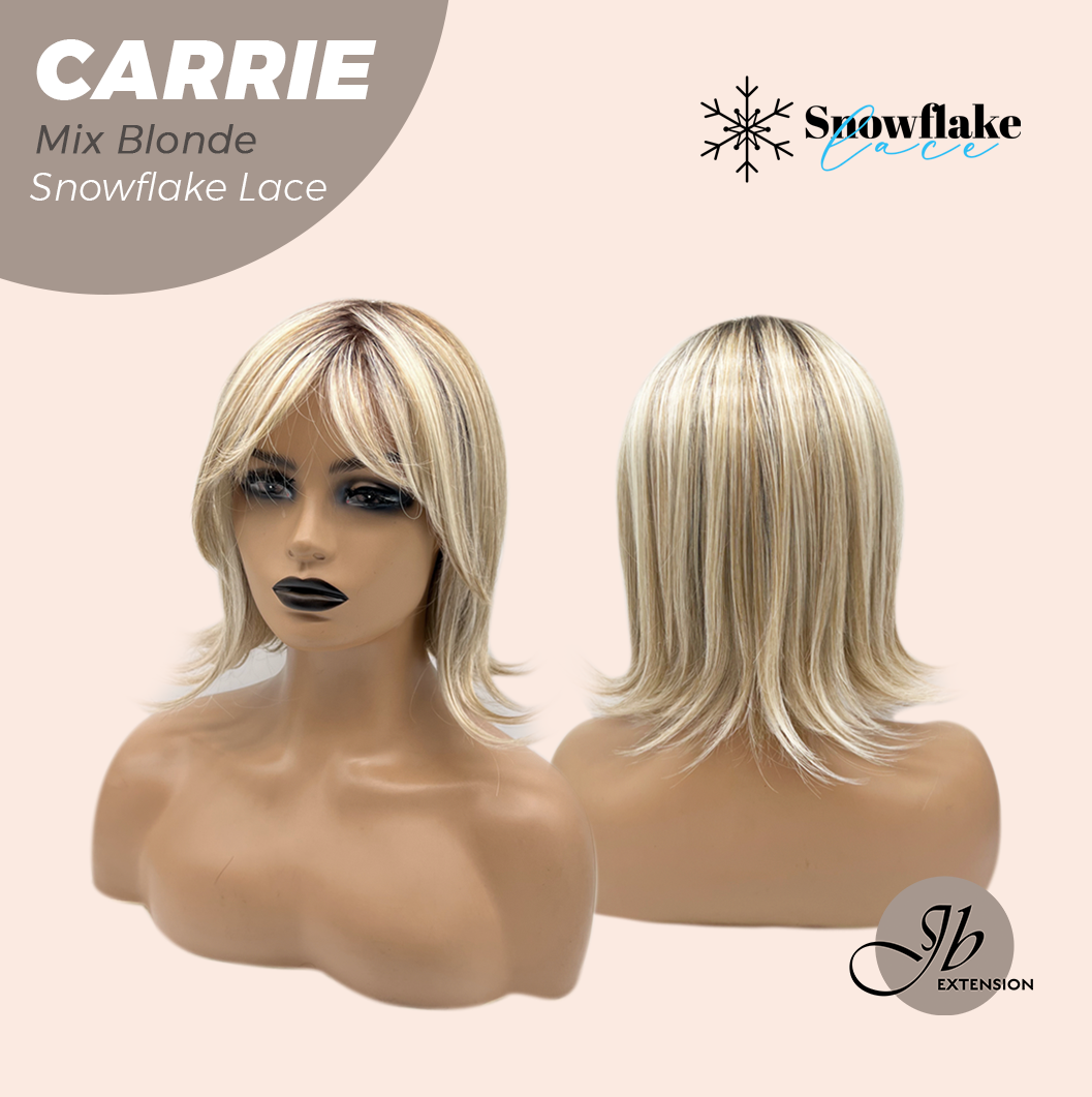 JBEXTENSION 11 Inches Short Hair Mix Blonde Pre-Cut T Part Snowflake Lace Frontlace Glueless Wig with Bangs CARRIE MIX BLONDE【BENDY EAR TABS】