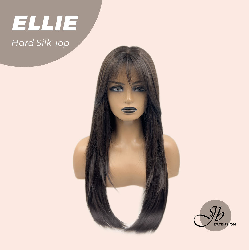 HOT OF SEASON - JBEXTENSION 26 Inches Scalpiana Tea Black Darkest Brown Wolf Cut 3.5X4 Hard Silky Top Natural Scalp Effect Wig With Bangs ELLIE SILK TOP