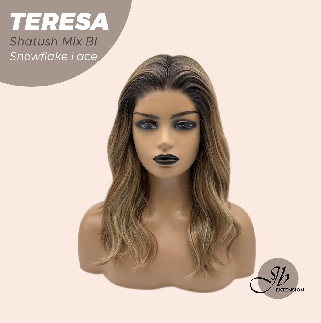 JBEXTENSION 18 Inches Shatush Mix Blonde Pre-Cut Snowflake Lace Frontlace Glueless Wig TERESA SHATUSH MIX BLONDE【PERMATEASE】【BENDY EAR TABS】- S/M