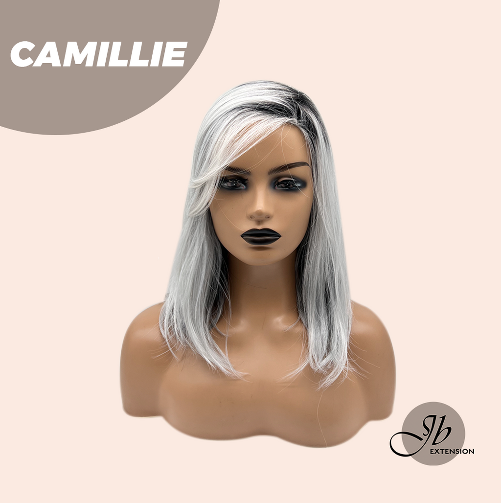 JBEXTENSION 14 Inches Grey Silver with Dark Root Women Fashion Full Machine Wig CAMILLIE【PLUS PERMATEASE】【BENDY EAR TABS】