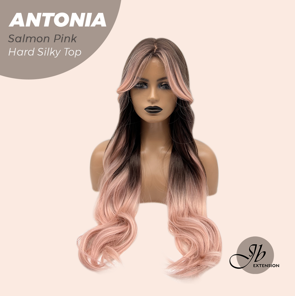 JBEXTENSION 28 Inches Scalpiana Long Curly Salmon Pink 3.5X4 Hard Silky Top Natural Scalp Effect Wig ANTONIA SALMON PINK