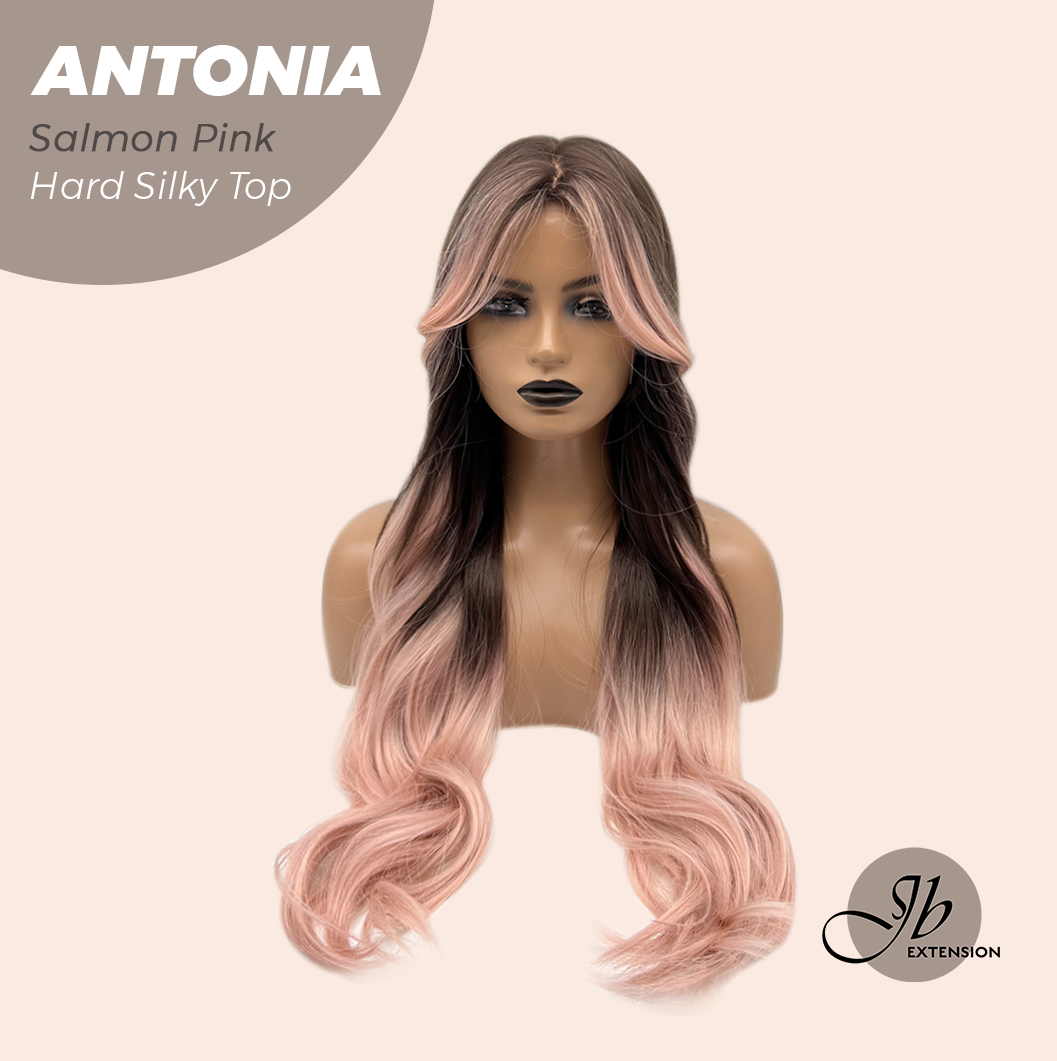 JBEXTENSION 28 Inches Scalpiana Long Curly Salmon Pink 3.5X4 Hard Silky Top Natural Scalp Effect Wig ANTONIA SALMON PINK