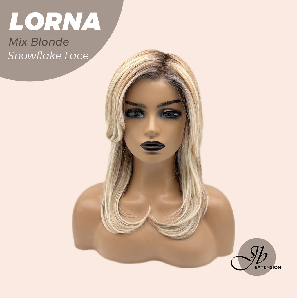 JBEXTENSION 18 Inches Mix Blonde Curly Pre-Cut Snowflake Lace Frontlace Glueless Wig LORNA SNOWFLAKE MIX BLONDE【PERMATEASE】【BENDY EAR TABS】- S/M