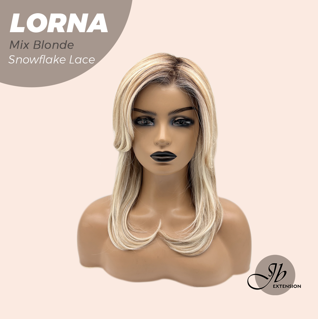 JBEXTENSION 18 Inches Mix Blonde Curly Pre-Cut Snowflake Lace Frontlace Glueless Wig LORNA SNOWFLAKE MIX BLONDE【PERMATEASE】【BENDY EAR TABS】- S/M