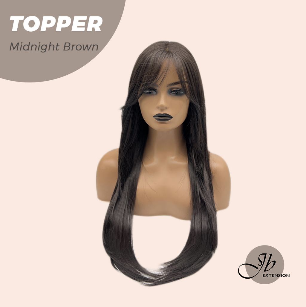 JBEXTENSION 28 Inches T Part Pre-Cut Frontlace Topper Clip in Synthetic Fiber Long Straight Topper Hair Piece Hair with Bangs for Women Clip in Top Crown Hair Clip on Toupee Hairpiece for Slight Hair Loss/Thinning Hair