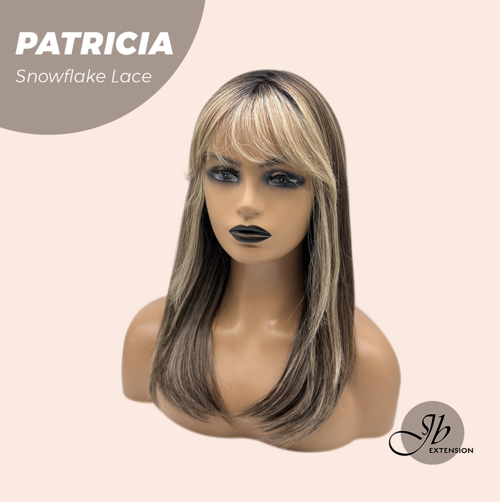 [PRE-ORDER] JBEXTENSION 17 Inches Dark Mix Blonde Pre-Cut T Part Snowflake Lace Frontlace Glueless Wig with Bangs PATRICIA【BENDY EAR TABS】